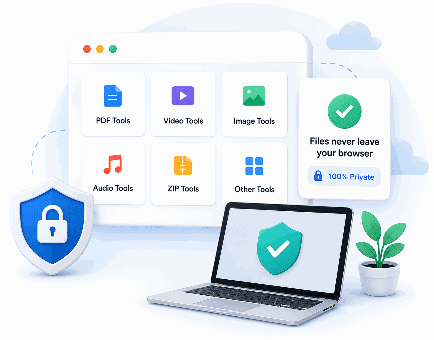 Fileflo's in-browser tools — PDF, Video, Image, Audio, ZIP and more — keeping your files 100% private